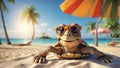 cute funny cartoon turtle on the beach wearing sunglasses