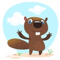 Cute funny cartoon vector beaver waving with his hands. Fluffy beaver character