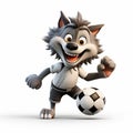 Cute funny cartoon wolfling kicking soccer ball Royalty Free Stock Photo