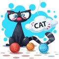 Cute, funny cat cartoon characters. Clew knitting. Royalty Free Stock Photo