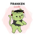 cute funny cat green Frankenstein funny Halloween, franken cute, idea for sublimation, print, greeting card, sticker Royalty Free Stock Photo