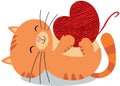 Cute funny cat holding a ball wool in heart shape