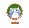 Cute funny cat looking at mirror reflection. Kitty crying, happy tears, touched with beauty. Feline animal likes itself