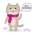 Cute funny cat in a scarf stands on two paws and says Hello