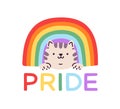 Cute funny cat under LGBT rainbow, pride month lettering. Adorable nice LGBTQ kitty, feline animal. Multicolored arch