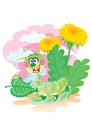 Cute funny caterpillar on a background of dandelion flowers, vector illustration