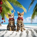 Cute funny cats celebraiting on the tropical beach with Christmas decoration. Christmas card concept Royalty Free Stock Photo