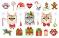 Cute funny cats winter festive element set. Watercolor illustration. Hand painted kitty, present, gift, mistletoe, Santa Royalty Free Stock Photo