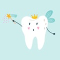 Cute funny character white tooth fairy with blue wings in a crown and a magic wand Royalty Free Stock Photo