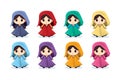 Cute funny chibi girls, cartoon in a colored dress. Little red Riding hood, a nun. Large stylized cartoon eyes in anime