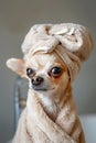 Cute funny chihuahua dog wearing towel after bath, dog spa concept. Generative ai Royalty Free Stock Photo