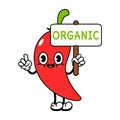 Cute funny chili pepper with an inscription organic character. Vector hand drawn traditional cartoon vintage, retro