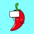 Cute funny chili pepper with poster. Vector hand drawn cartoon kawaii character illustration icon. Isolated on blue
