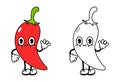 Cute funny chili pepper waving hand character outline cartoon illustration for coloring book. Vector hand drawn