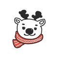 Cute and funny Christmas deer in red scarf smiling happily, cartoon vector illustration isolated on white background. have fun