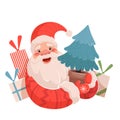 Cute funny Christmas Santa is holding a Christmas tree next to the gifts. Christmas illustration on a white background
