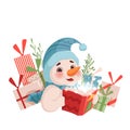 Cute funny Christmas snowman holds a magic book next to the gifts. Christmas illustration on a white background Royalty Free Stock Photo