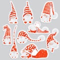 Cute funny christmas sticker characters - white bearded gnomes in different positions with red hats. Christmas gnomes Royalty Free Stock Photo