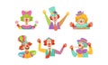 Cute Funny Clowns Collection, Cheerful Circus Cartoon Characters, Birthday or Carnival Party Design Element Vector