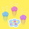 Cute funny colorful cartoon jellyfishes on yellow background. Royalty Free Stock Photo