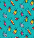 Cute funny colorful insects bugs beetles doodles seamless vector pattern Royalty Free Stock Photo