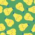 Cute seamless pattern with smiley pears in cartoon style.