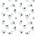 Funny astronaut spaceman characters exploring outer space seamless background pattern