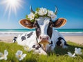 Cute funny cow lies on vacation beach with grass and white flowers. ai generative Royalty Free Stock Photo