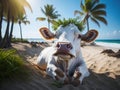 Cute funny cow lies on vacation beach with grass and white flowers. ai generative Royalty Free Stock Photo