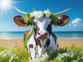 Cute funny cow lies on vacation beach with grass and white flowers. ai generative Royalty Free Stock Photo