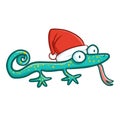 Cute and funny crawling green lizard wearing Santa`s hat