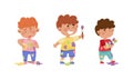 Cute funny creative boys in stained clothes painting with brushes set cartoon vector illustration