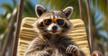 cute funny creative raccoon on the poster happy sunglasses sunbathing ? leaves