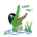 Cute funny crocodile cartoon vector on white background with text Royalty Free Stock Photo