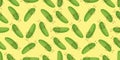 Cute and funny cucumber cartoon characters smiling, having fun, dancing. Vector seamless pattern background.