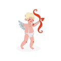 Cute Funny Cupid Aiming with Bow and Arrow of Love, Amur Baby Angel, Happy Valentine Day Symbol Vector Illustration Royalty Free Stock Photo