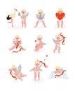 Cute Funny Cupid in Different Situations set, Amur Baby Angel, Happy Valentine Day Symbol Vector Illustration