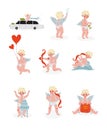 Cute Funny Cupid in Different Situations set, Amur Baby Angel in Various Poses, Happy Valentine Day Symbol Vector