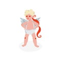 Cute Funny Cupid with Heart Shaped Eyes, Amur Baby Angel, Happy Valentine Day Symbol Vector Illustration