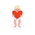 Cute Funny Cupid Holding Red Heart, Amur Baby Angel, Happy Valentine Day Symbol Vector Illustration Royalty Free Stock Photo
