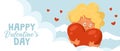 Valentine`s day banner with a cute funny cupid holding a big heart. Royalty Free Stock Photo