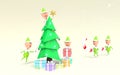 Cute, funny 3D illustration of elves decorating a Christmas tree