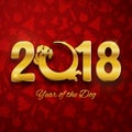 Happy new year of the dog 2018, gold text, card, postcard, vector illustration, cute funny dachshund round logo design Royalty Free Stock Photo