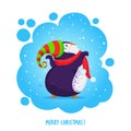 Cute funny dancing penguin in an elven hat and red scarf. Merry Christmas greetings. Vector illustration in cartoon style