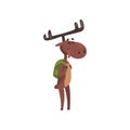 Cute funny deer cartoon character with antlers walking with backpack vector Illustration on a white background