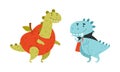 Cute funny dinosaurs dressed for carnival or masquerade party cartoon vector illustration Royalty Free Stock Photo