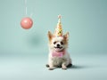 Cute funny dog in birthday cap isolated on colorful background. Greetings card pattern