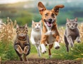 Cute funny dog and cat group jumps and running and happily a field blurred background