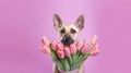 Cute funny dog with flowers. Illustration AI Generative Royalty Free Stock Photo