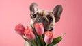 Cute funny dog with flowers. Illustration AI Generative Royalty Free Stock Photo